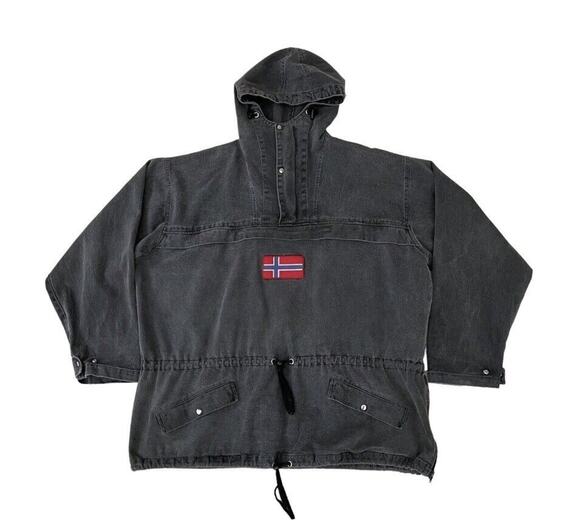 J. Peterman Other - J.Peterman Jacket Mens XL Black Norway Flag Pullover Denim Parka Vintage 90s